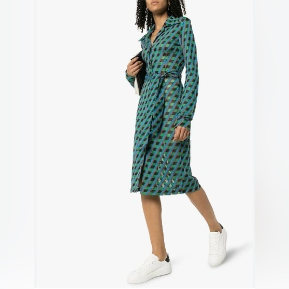 Wales Bonner Celeste open collar geometric multi color shirt dress.